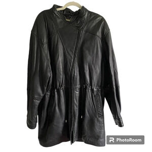 DANIER Oversized Long Black Cinched Waist Authentic Leather Jacket  Coat Size L